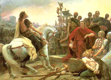 Die Gallier leisteten den Römern bis zum Ende erbitterten Widerstand. Bild: Ihr Führer Vercingetorix legt seine Waffen Julius Caesar zu Füßen.