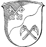 Das frühere Oberrodenbacher Wappen in schwarz weiß, links oben die gekreuzten Schlüsseln des Peterstift zu Mainz, rechts unten 2 gekreuzte Rodehacken, als Trennlinie diagonal der Rodenbach.